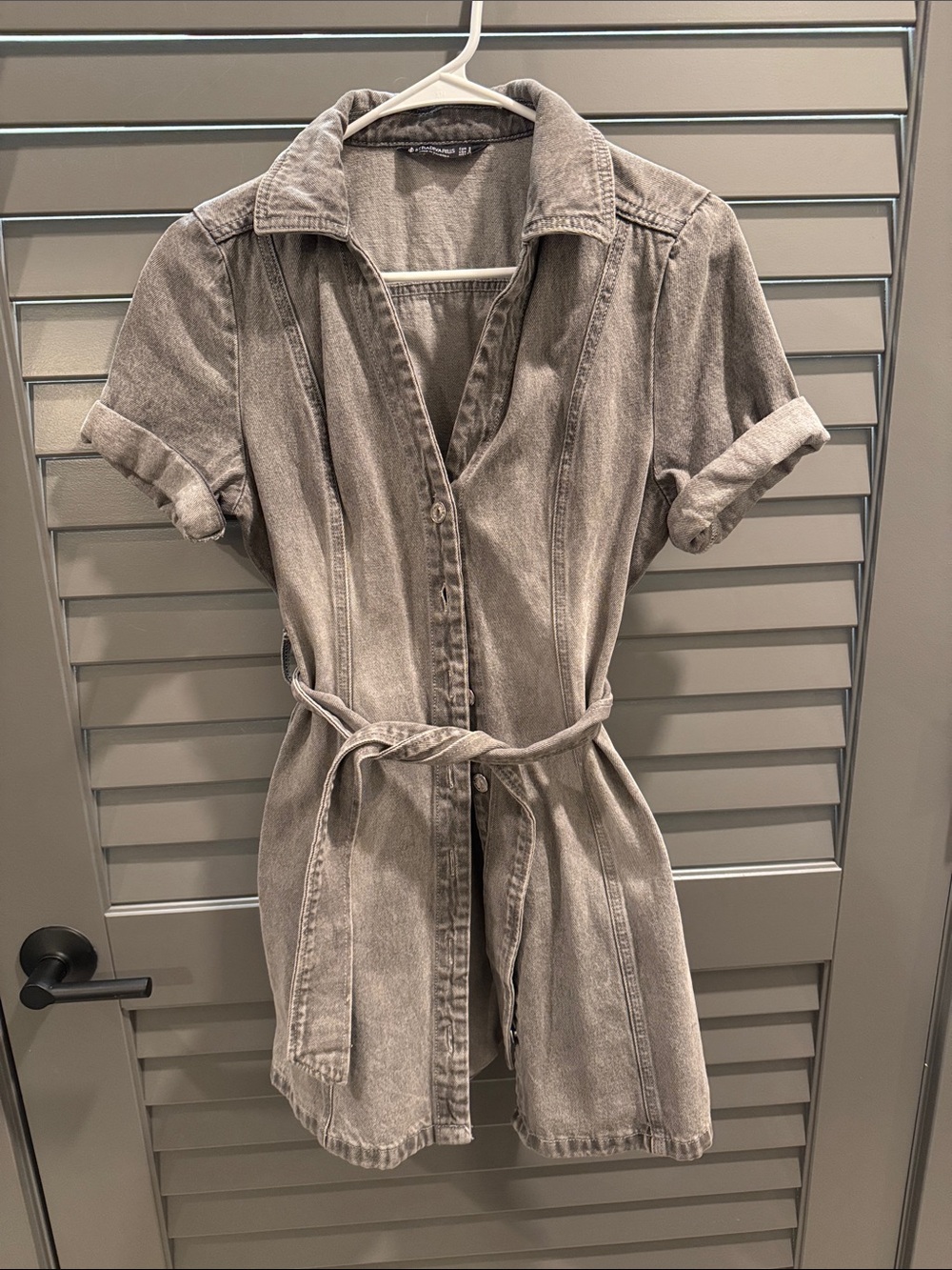 Stradivarius Gray Wash Denim Shirt Dress Belted Mini Dress Size Small